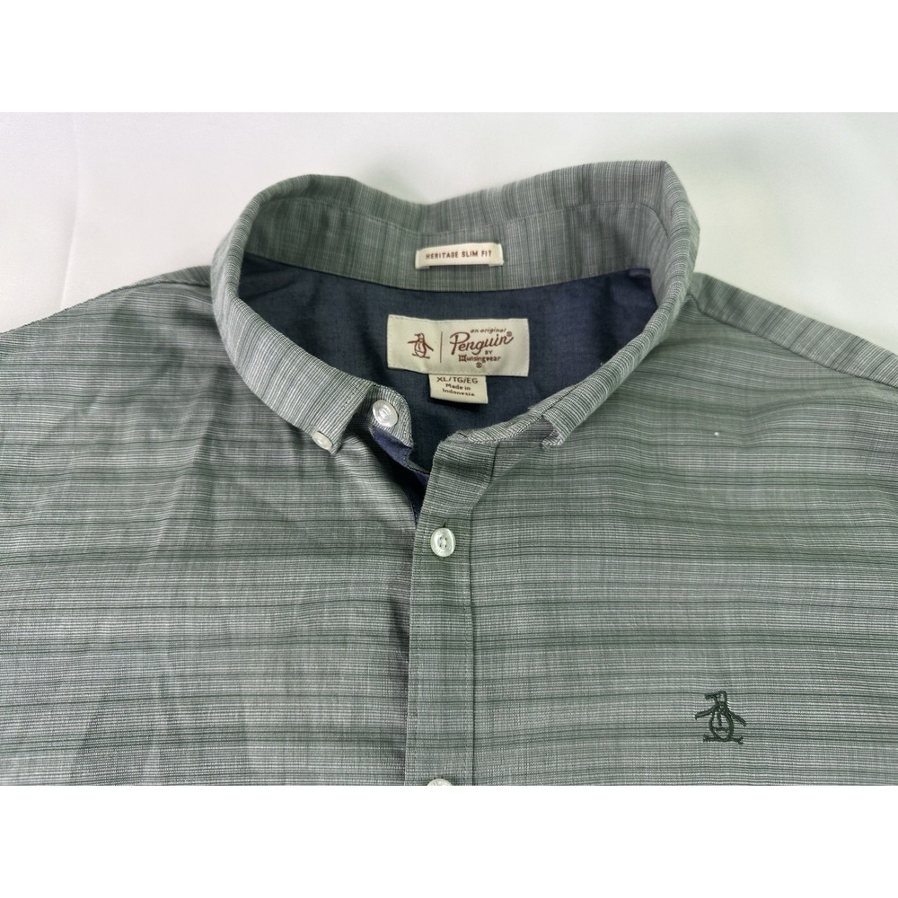 Penguin Shirt Mens XL Green Gray‎ Striped Button Down Heritage Slim Fit Preppy